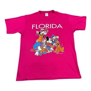 Vintage 80s 90s Velva Sheen Florida Disney Character Pink Shirt Men's Large FLAW
